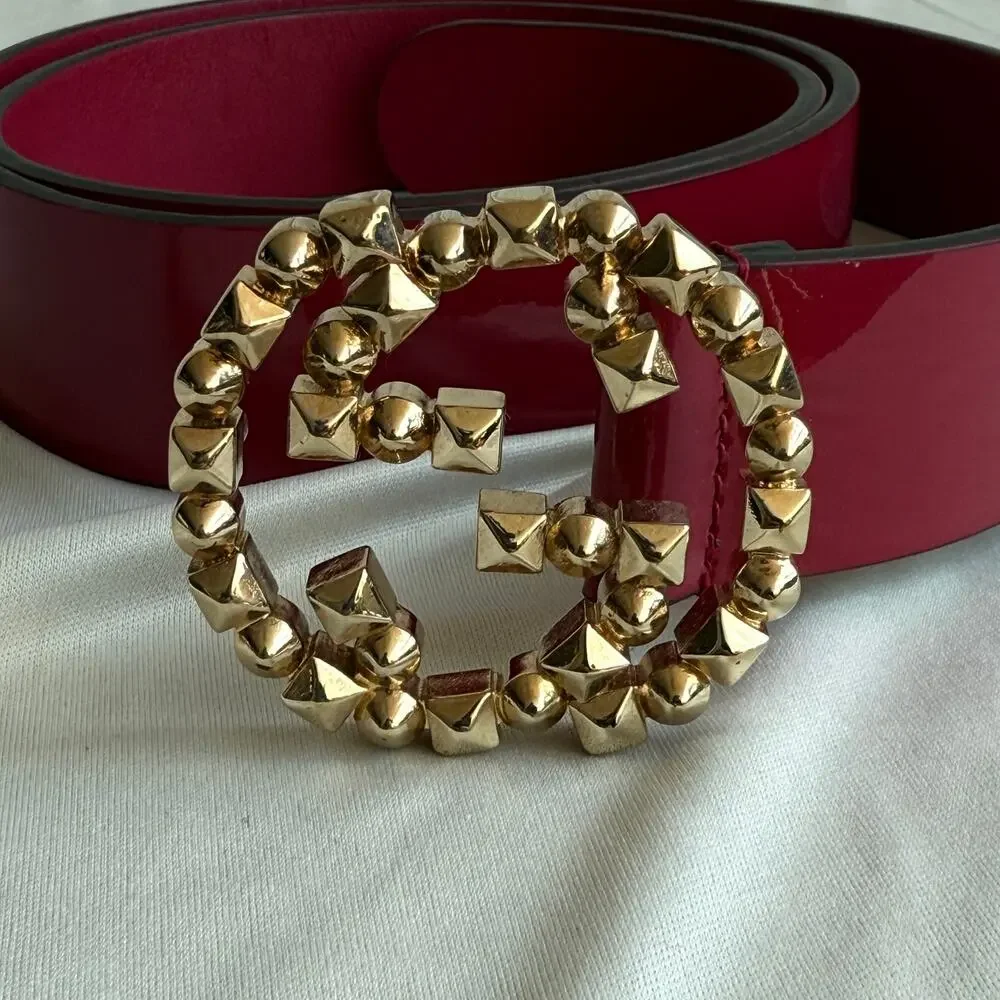 Gucci Interlocking G Studded Belt - Red Patent, Gold Hardware, Size 85cm